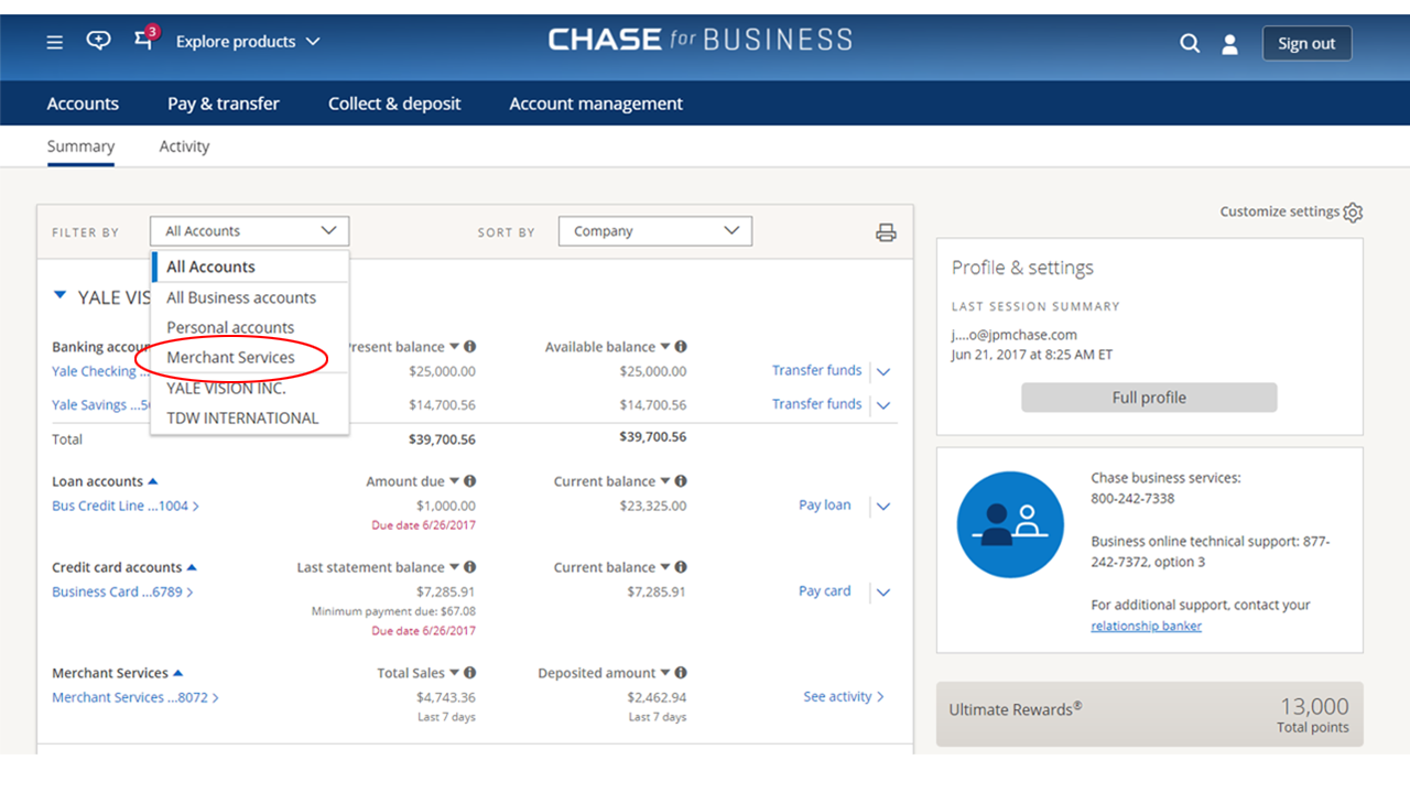 Merchant Services Account Screen